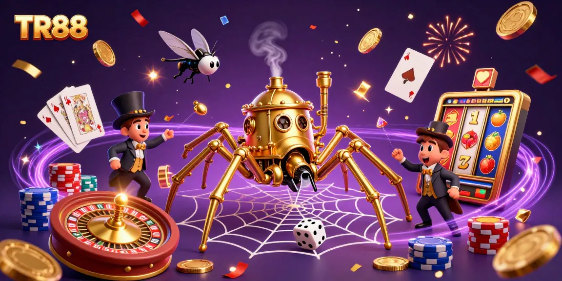 Experience thrilling gaming action at TR88 with golden casino elements and whimsical characters.