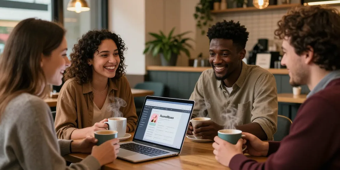 Singles connecting over the HundRoses dating app in a warm coffee shop.