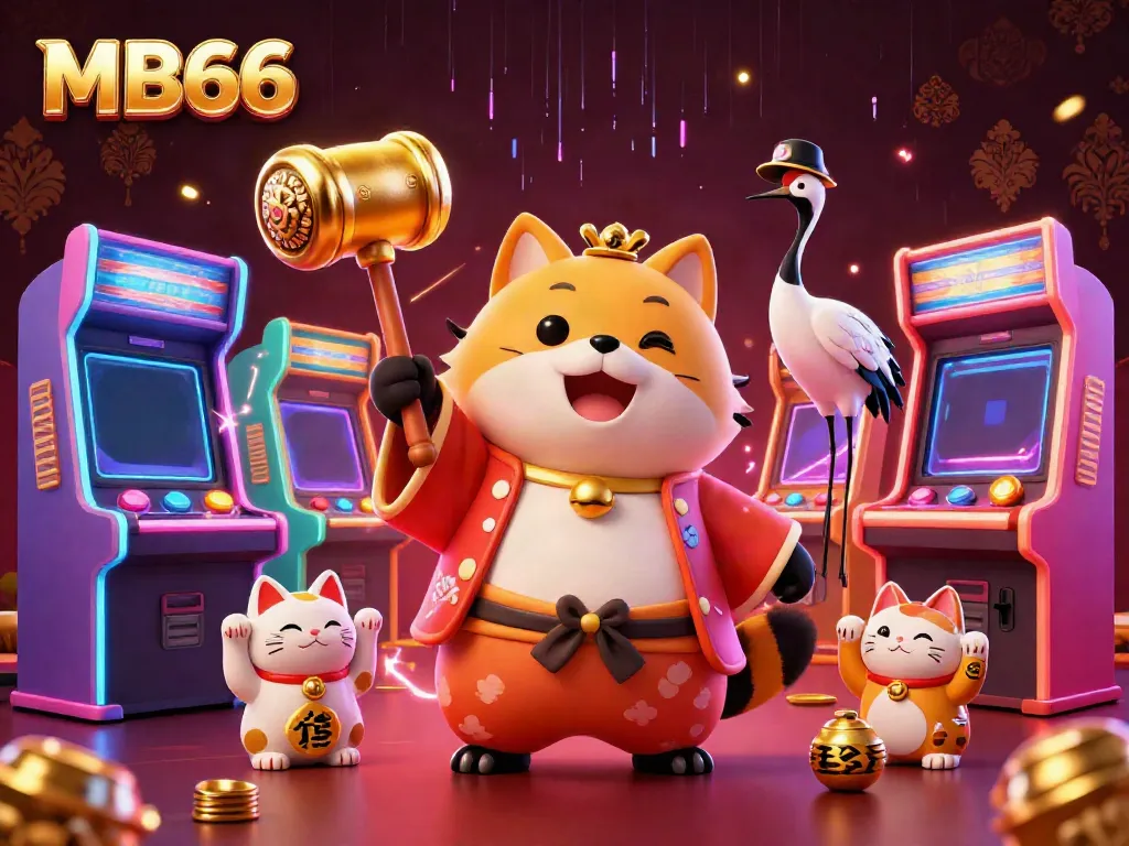Experience vibrant gameplay at MB66 with a cheerful tanuki and festive characters in a colorful casino setting.
