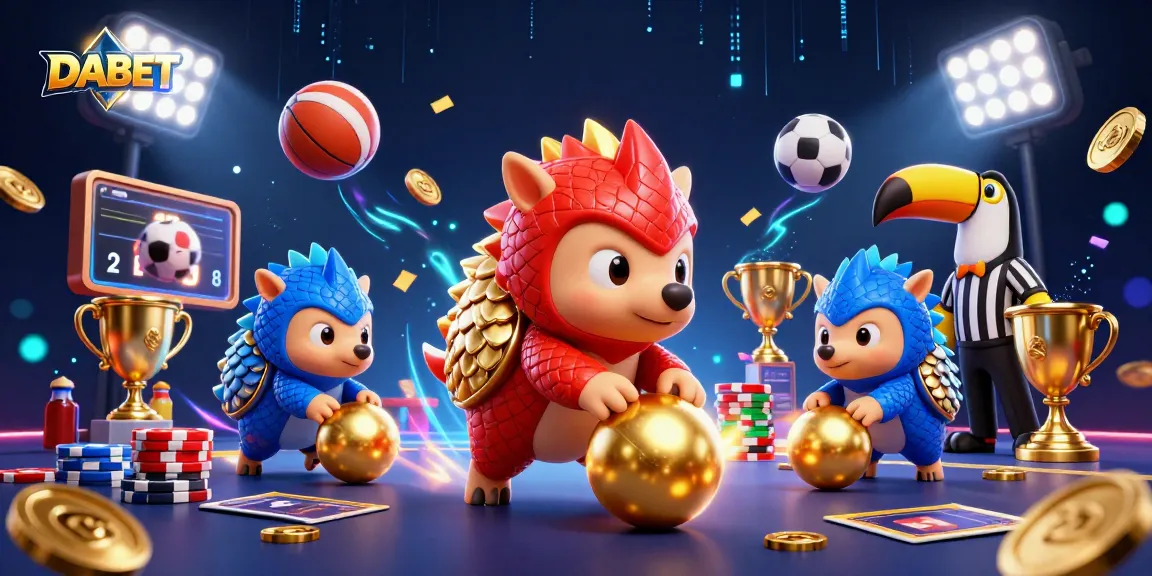 DABET engages in a thrilling match as rival pangolins duel with golden balls, while surrounded by vibrant casino elements.