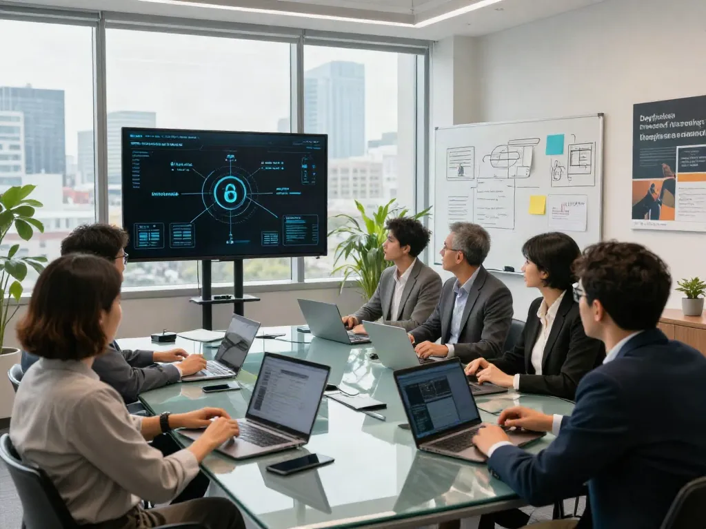 Deepfake protected meetings discussed by diverse professionals in a modern conference room