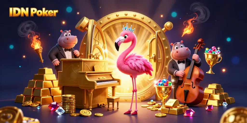 IDN Poker shines with vibrant 3D scene featuring a flamingo singer and hippo bassist in a casino atmosphere.