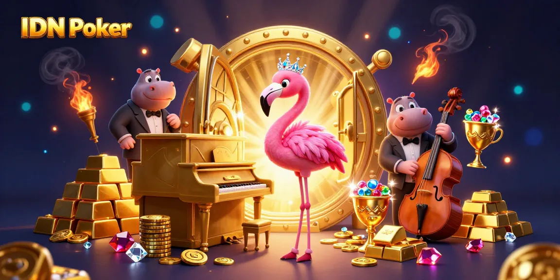 IDN Poker shines with vibrant 3D scene featuring a flamingo singer and hippo bassist in a casino atmosphere.
