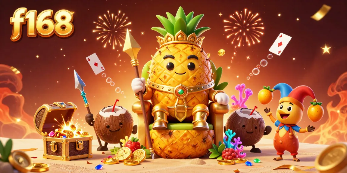 An exciting scene showcasing f168, featuring a golden pineapple king and treasure in a vibrant casino setting.