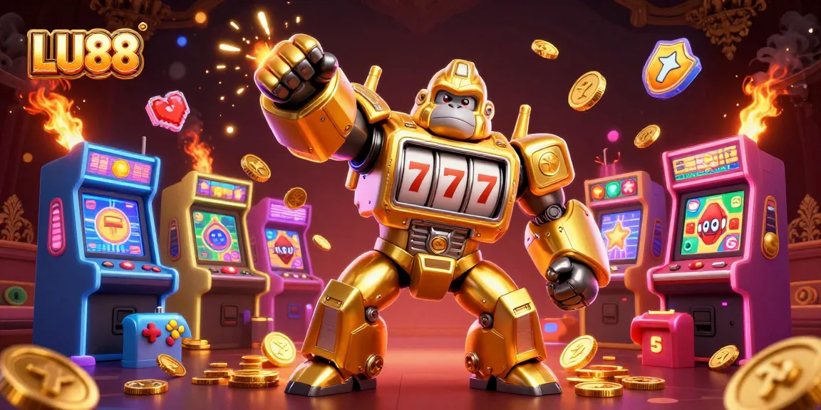 LU88 slots come alive with a golden gorilla mech and colorful arcade elements in a vibrant casino scene.