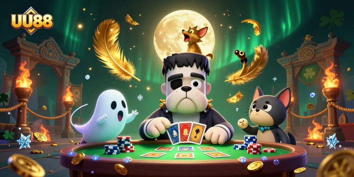 UU88 features a vibrant 3D casino scene with unique characters engaging in card dealing and exciting gaming elements.