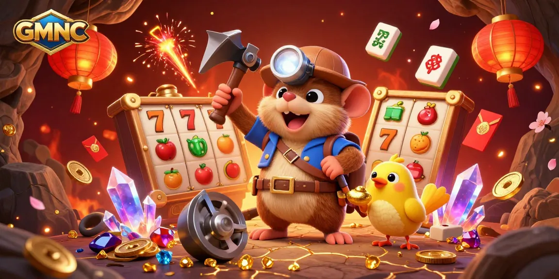 Engage with GMNC's vibrant 3D casino scene featuring a treasure hunter and vivid slot reels.