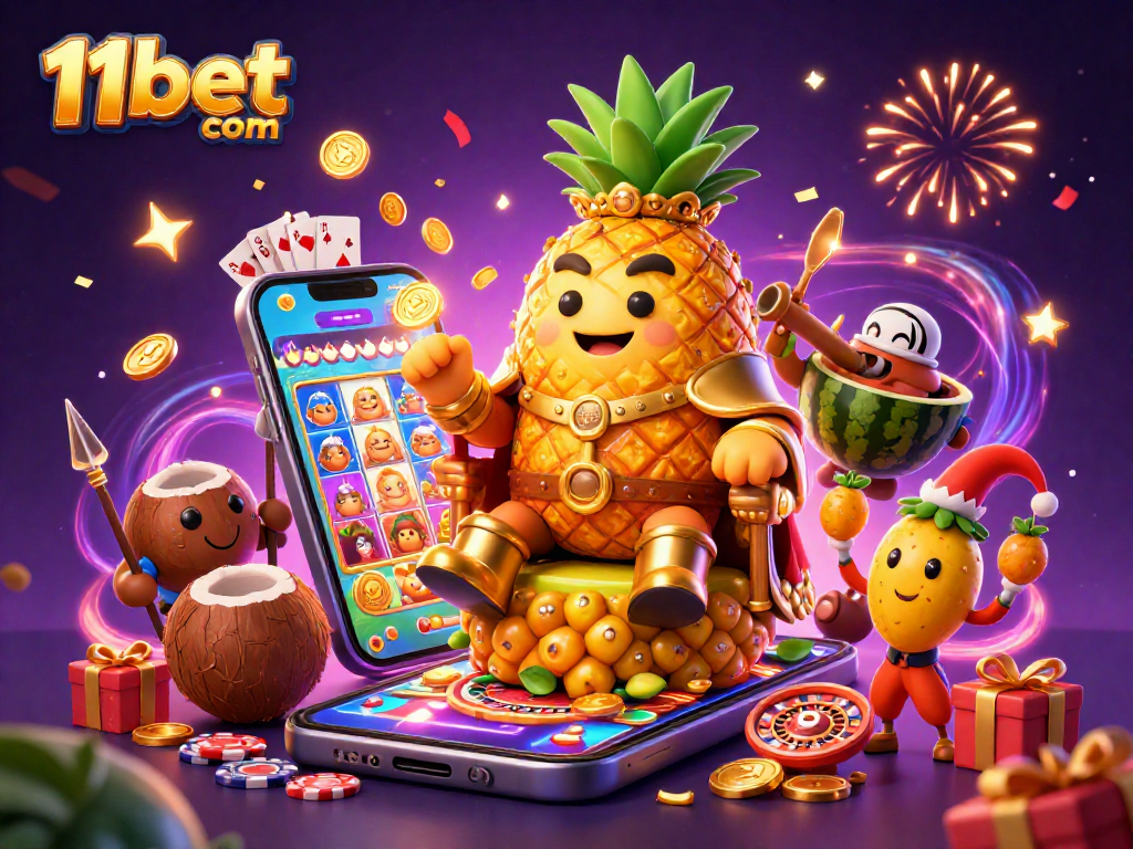 Engage in thrilling gaming at 11bet com with a festive illustration showcasing a casino scene filled with vibrant characters and games.