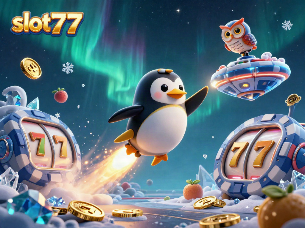 Slot777 menampilkan penguin emas meluncur ke stasiun kasino, penuh simbol keberuntungan.