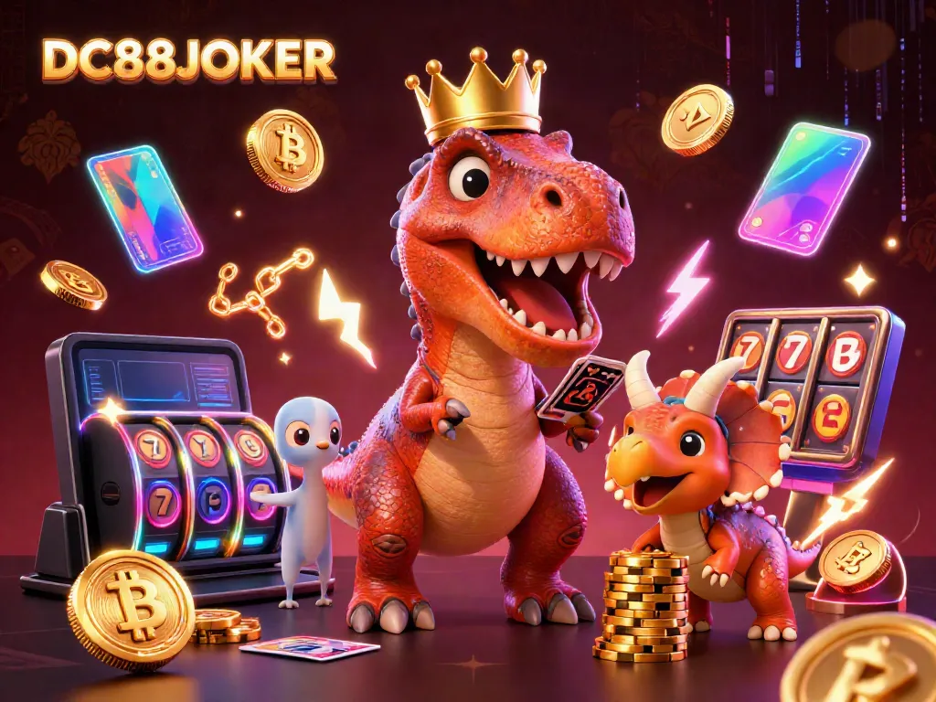 Experience thrilling gameplay with DC88JOKER featuring vibrant cartoon dinosaurs and neon crypto elements.
