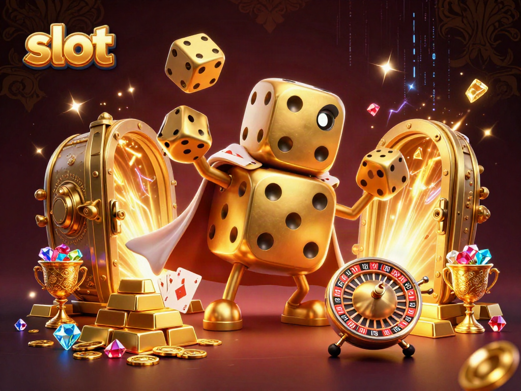 Slot mesin yang menggoda dengan dadu emas dan harta karun berkilauan menanti giliran Anda.