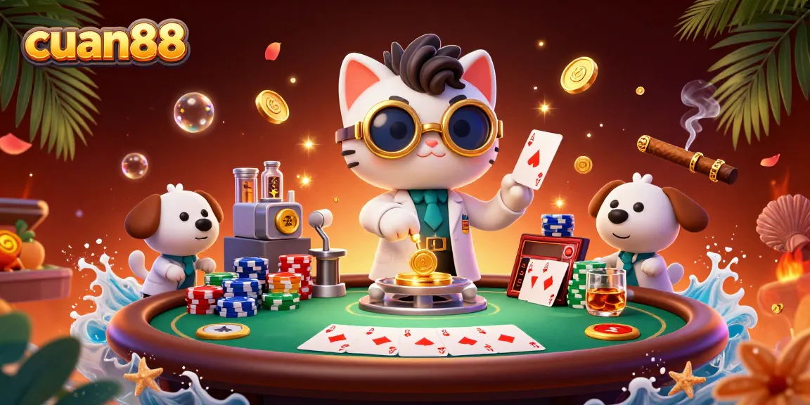 Menggandakan koin emas di CUAN88, ditampilkan oleh kucing ilmuwan dan anjing asisten di meja poker.