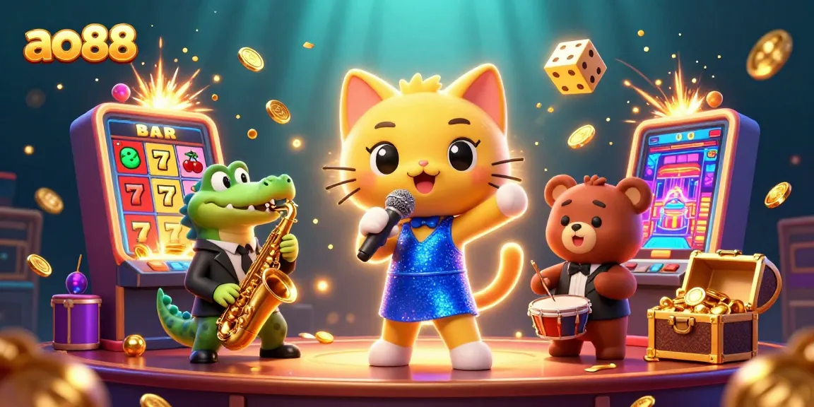 Experience the excitement of ao88 with a vibrant 3D casino scene featuring lively characters and jackpot elements.