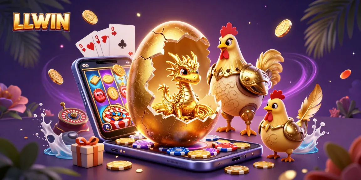 Engage in exciting games at LLWIN with a golden dragon, poker chips, and vibrant slot game elements.