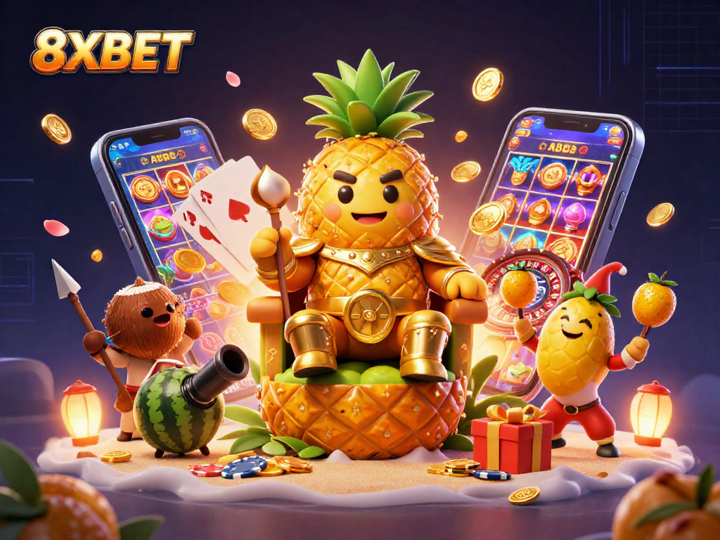 Experience dynamic gaming action with 8XBET's vibrant casino characters and colorful slot games.