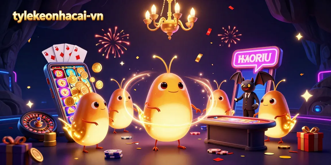 Engage with tylekeonhacai-vn's vibrant casino scene, featuring animated glowworms and immersive gaming elements.