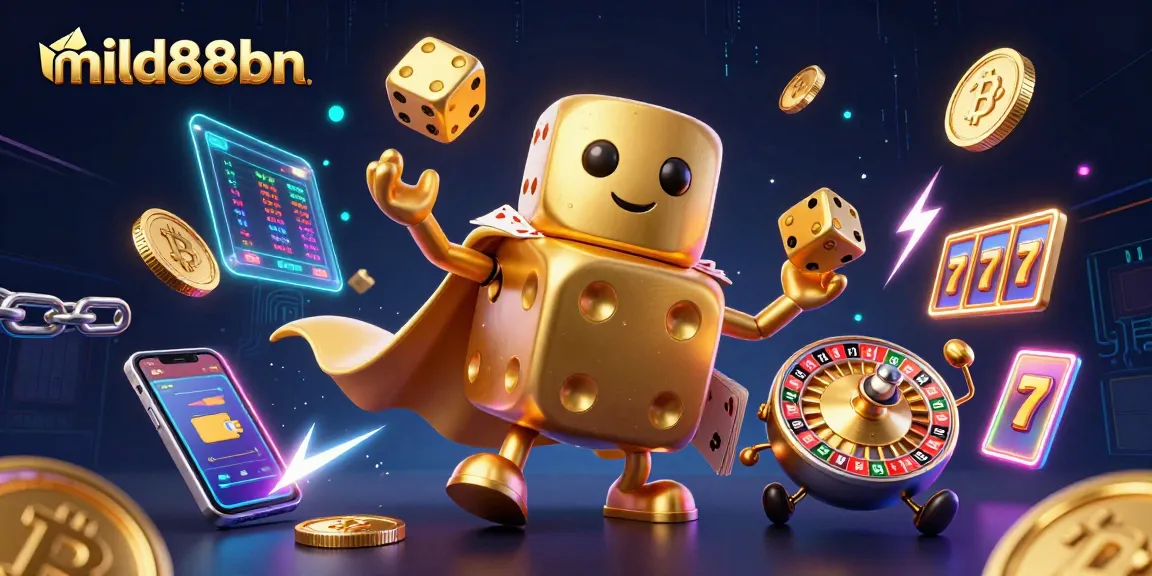 Engage with mild88bn's vibrant casino universe featuring slot reels and golden dice in action.