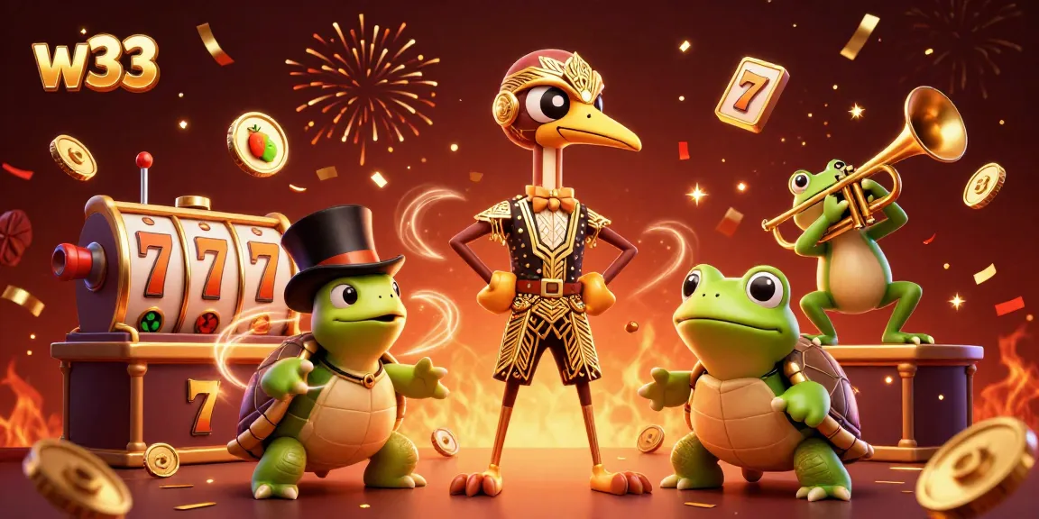 Engage with w33 pokies in a vibrant 3D casino scene filled with dynamic slot game elements.