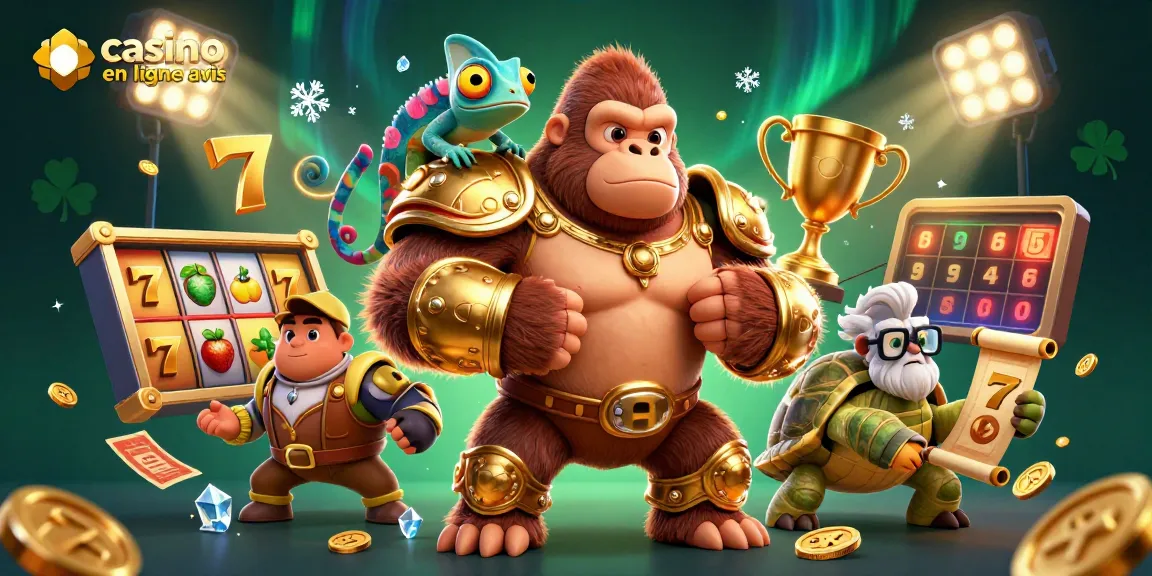 Jouer sur les meilleures plateformes de casino en ligne avis avec un roi gorille en armure d'or et un caméléon.