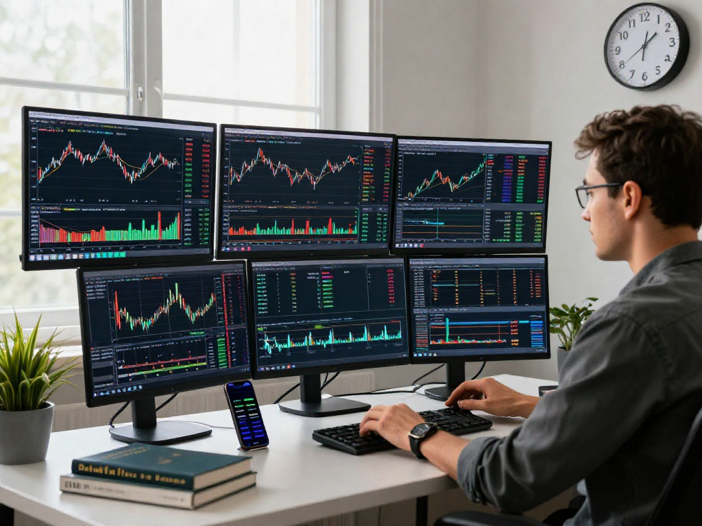 Trader using metatrader 5 on multiple monitors in a professional workspace, analyzing market data.