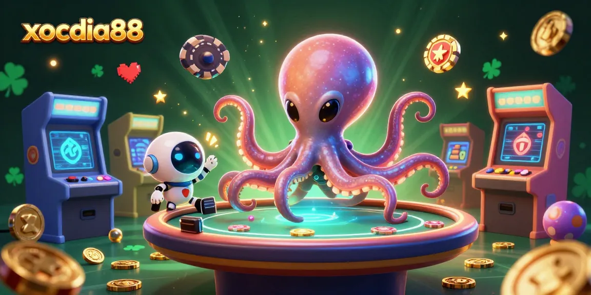 xocdia88 alien octopus enjoys a poker game in a vibrant casino atmosphere with cosmic elements