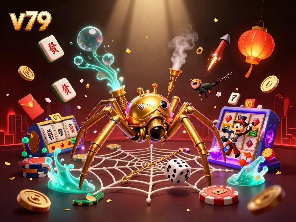 Experience the excitement of v79 with a thrilling steampunk-themed casino scene featuring vibrant games and golden elements.