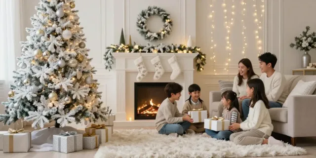 Festively decorated living room with a pre-lit white Christmas tree and family celebrating Christmas.