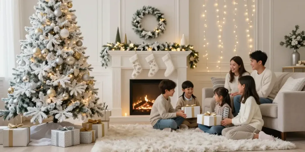 Festively decorated living room with a pre-lit white Christmas tree and family celebrating Christmas.