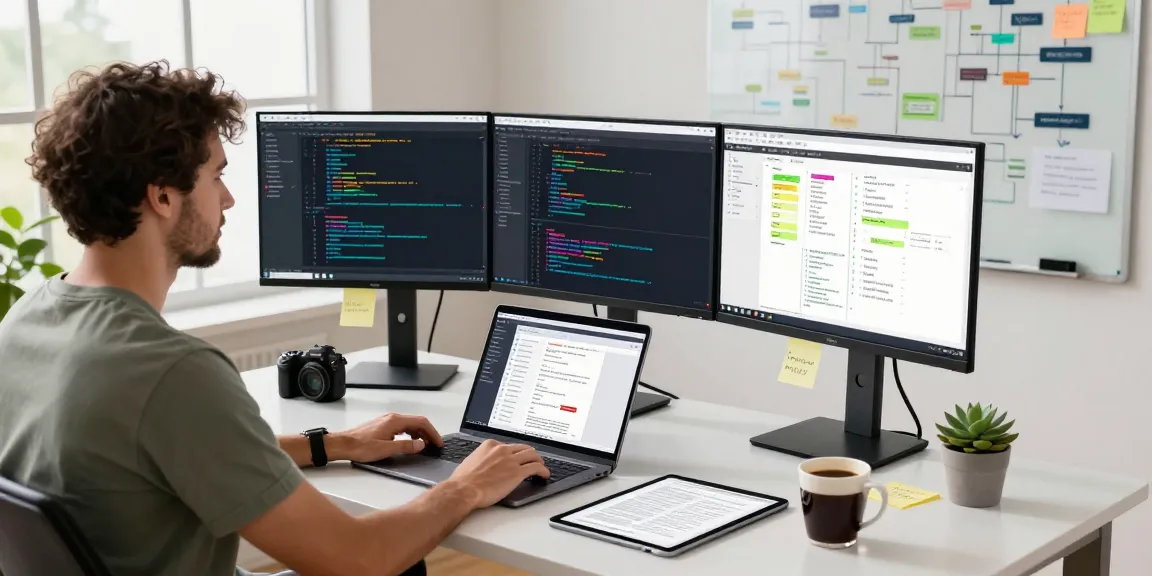 Build internal tools with AI in a modern workspace featuring a software developer coding, dual monitors, and collaboration tools.