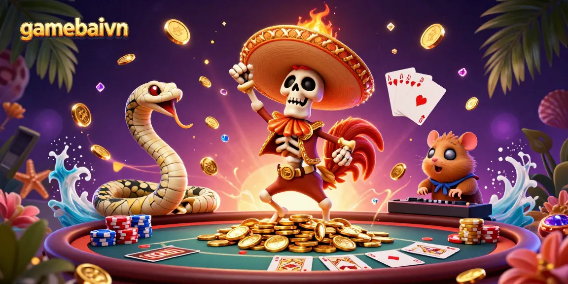 gamebaivn captivates with a vibrant poker scene featuring celebratory characters amidst cascading gold and gems