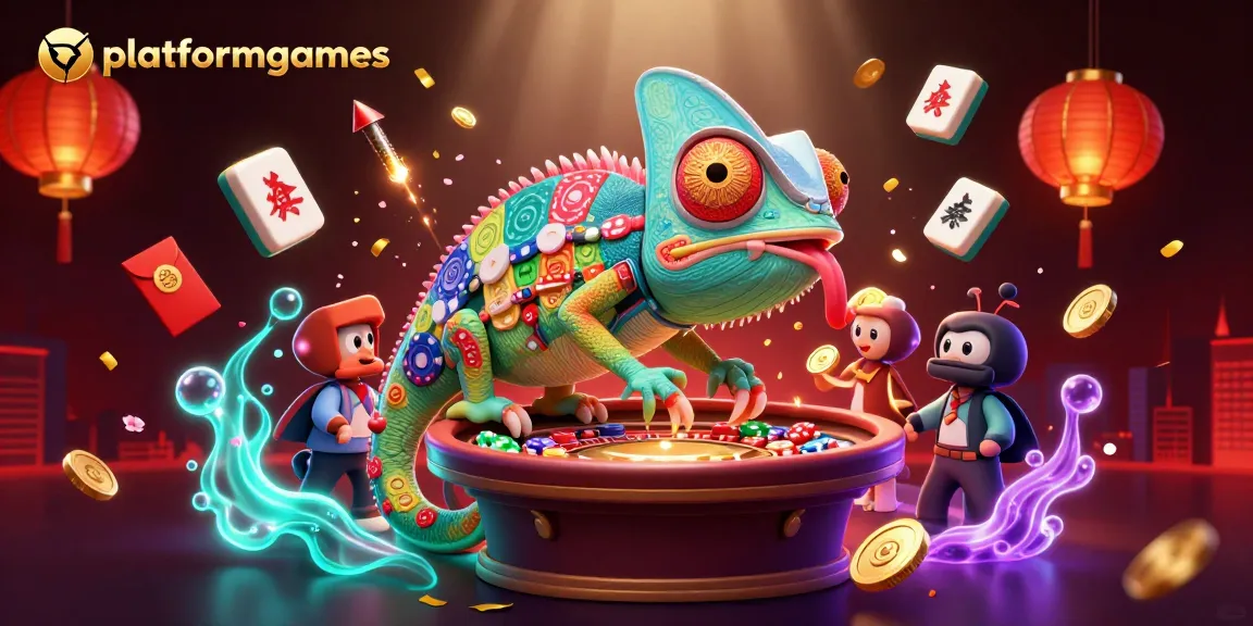 Engage in exciting platformgames with colorful chameleon casino owner amidst festive gambling atmosphere.