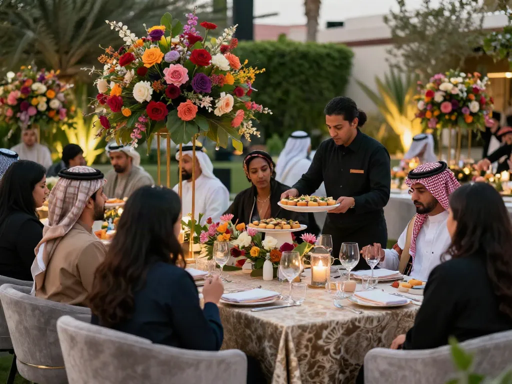 Event furniture rental showcasing elegant table settings and diverse guests in a luxurious outdoor venue.