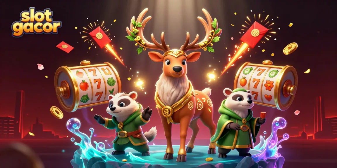 Engage with slot gacor adventures featuring vibrant characters, spinning reels, and lucky symbols in a dynamic scene.