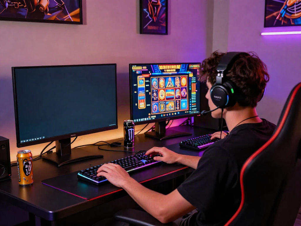 Exciting gaming setup showcasing a user playing สล็อตเว็บตรง with vibrant slot graphics and gaming gear.