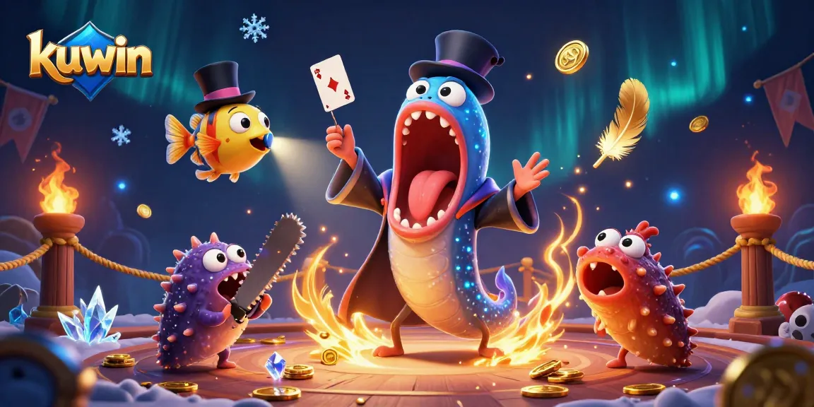 Kuwin showcases a thrilling underwater casino scene with an eel magician performing tricks and anglerfish spotlighting, all amidst dynamic gaming elements.