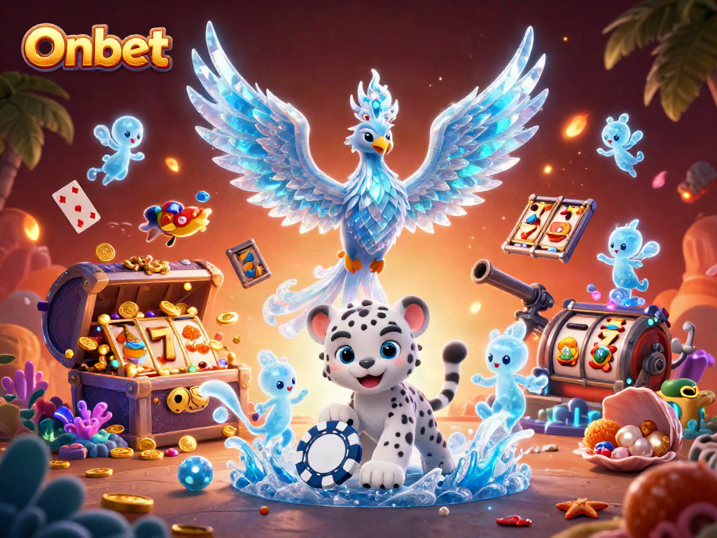Engage with Onbet's vibrant scene featuring playful ice phoenix and casino elements.