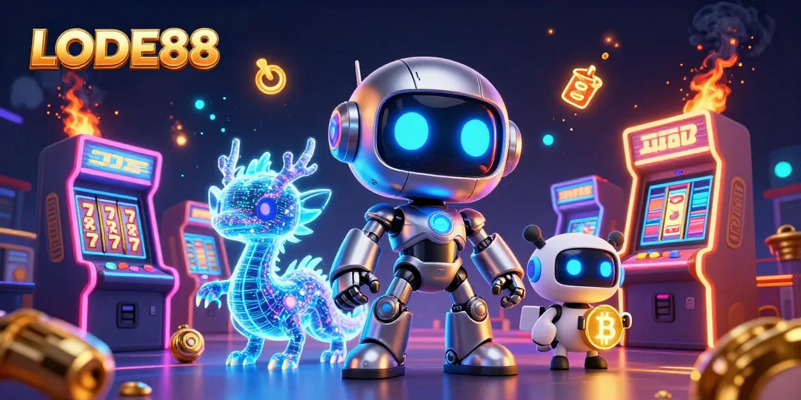 Engage with LODE88's vibrant online gaming world featuring futuristic characters and colorful slot symbols.