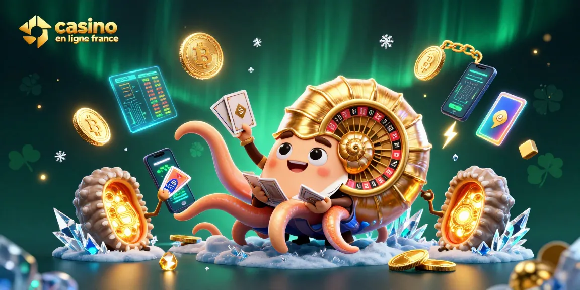 Gagnez avec un nautilus géant jouant au casino en ligne France entouré de symboles de crypto-monnaies