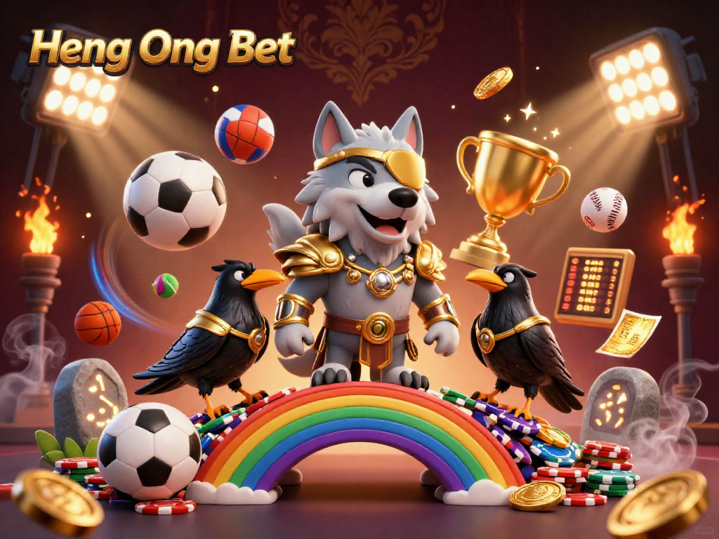 Heng Ong Bet elevates your gaming experience with a vibrant 3D casino scene featuring Odin, a wolf in an eye-patch, and ravens.