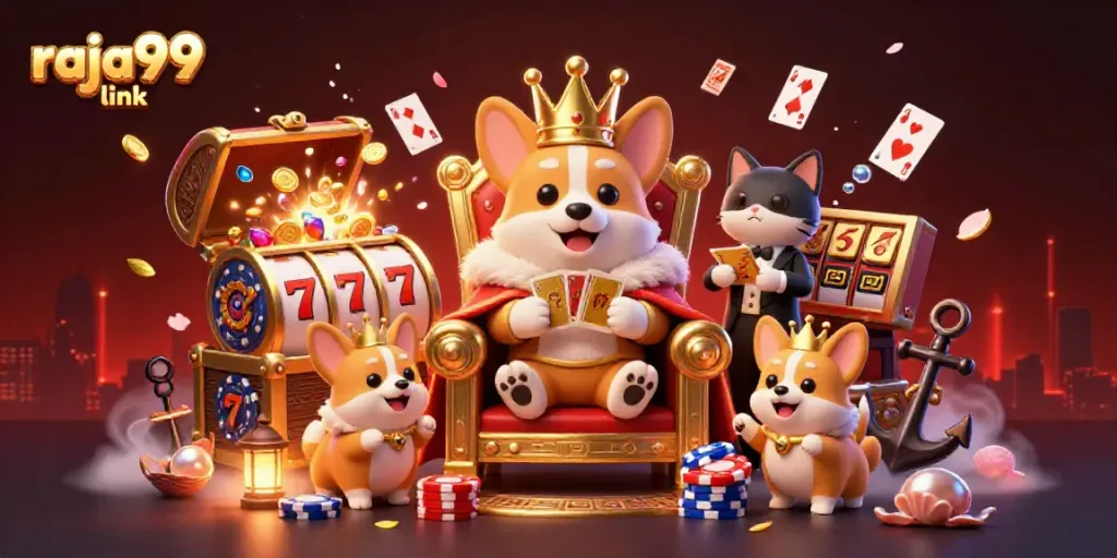 Experience the excitement of raja99 link with a vibrant casino scene featuring crown-wearing corgis amidst slot game elements.