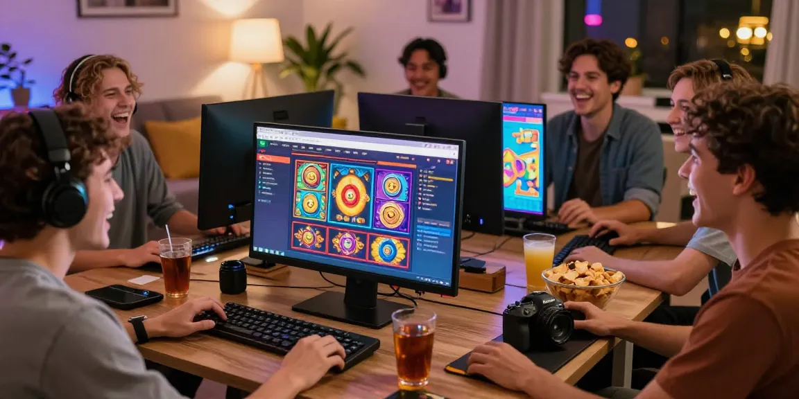 Engaged gamers enjoying situs raja slot games with colorful screens and snacks.