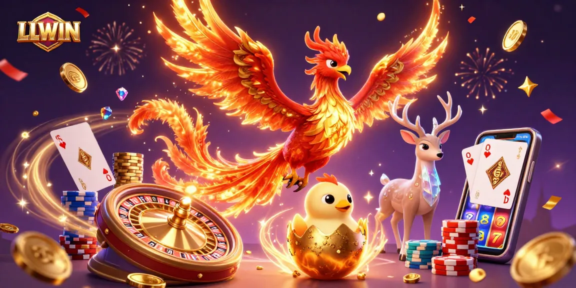 Experience thrilling gaming action with LLWIN featuring a fiery phoenix and vibrant casino elements.
