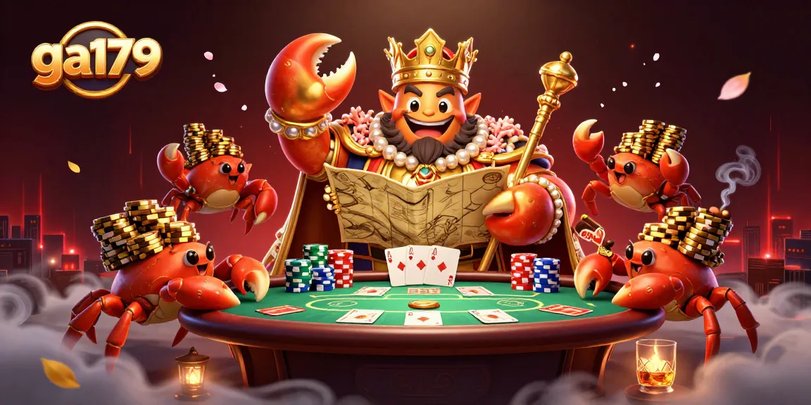 Engage with ga179 in a vibrant casino scene featuring a golden crab emperor amidst dynamic poker action.