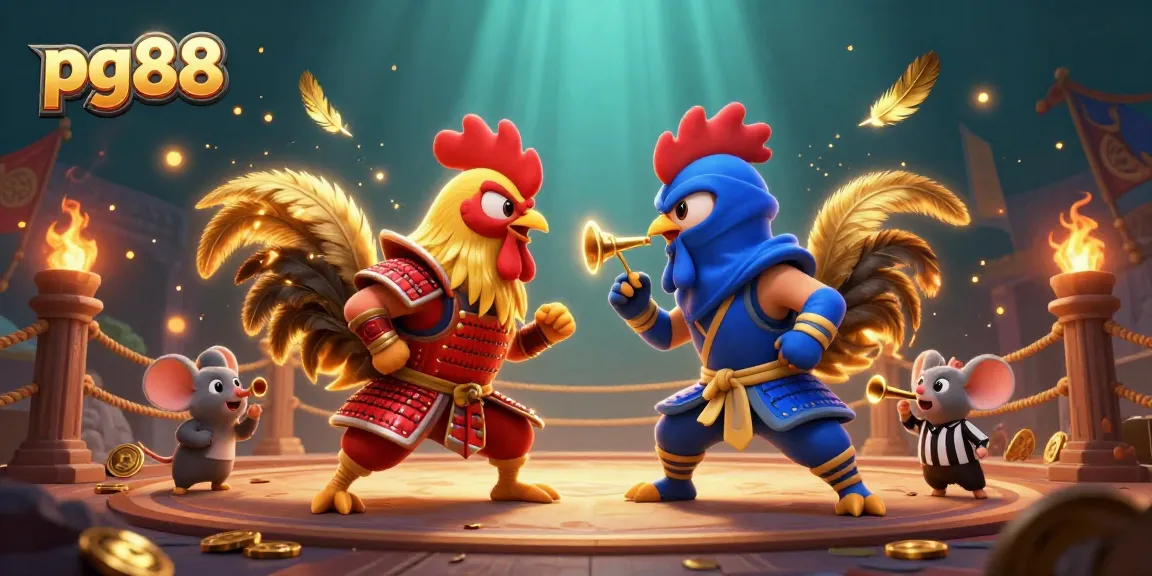 Engage with pg88's thrilling casino action, featuring vibrant 3D roosters in a dramatic standoff.