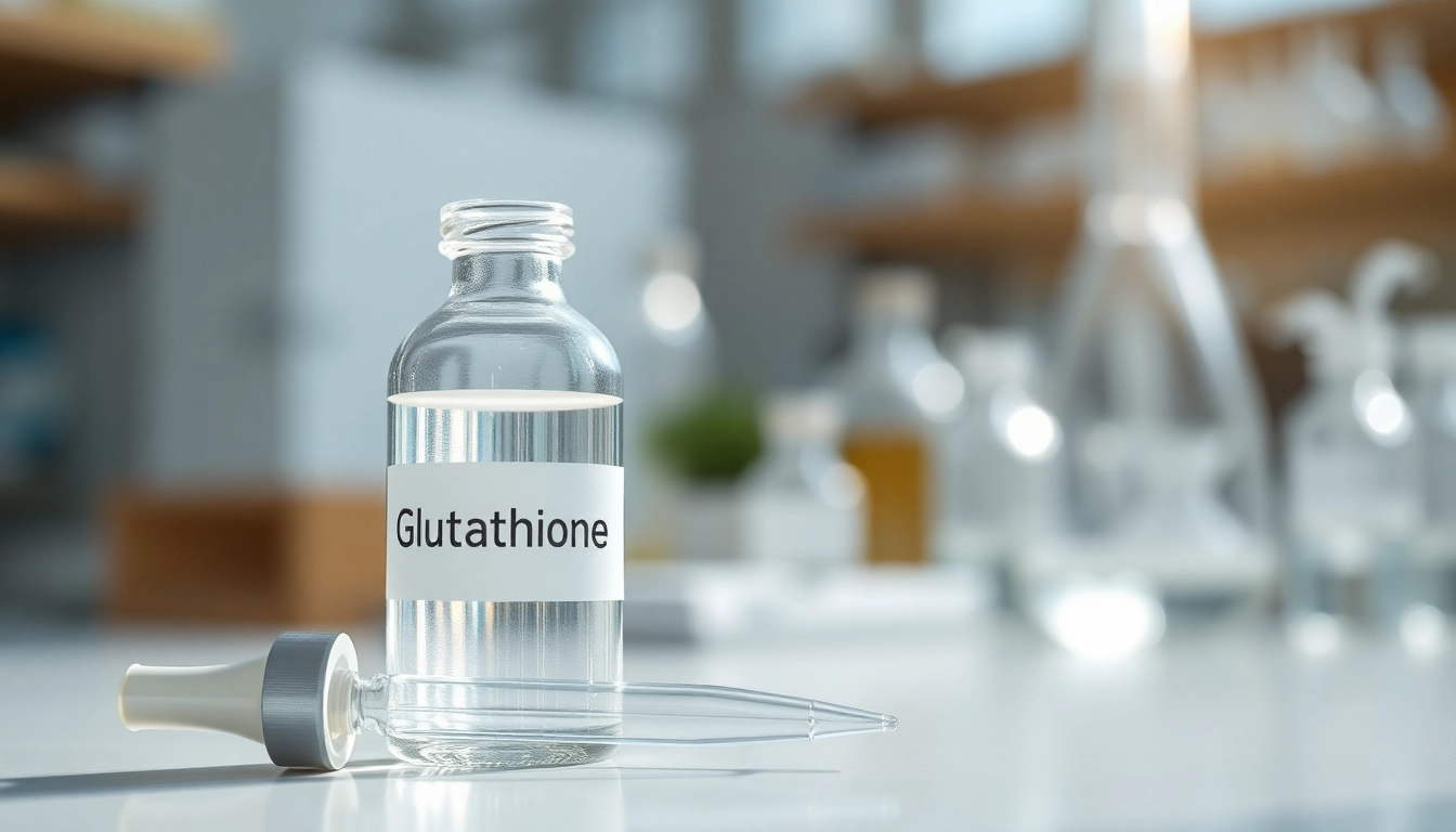 Showcasing a clear vial of glutathione peptide in a lab, emphasizing precision and scientific research.