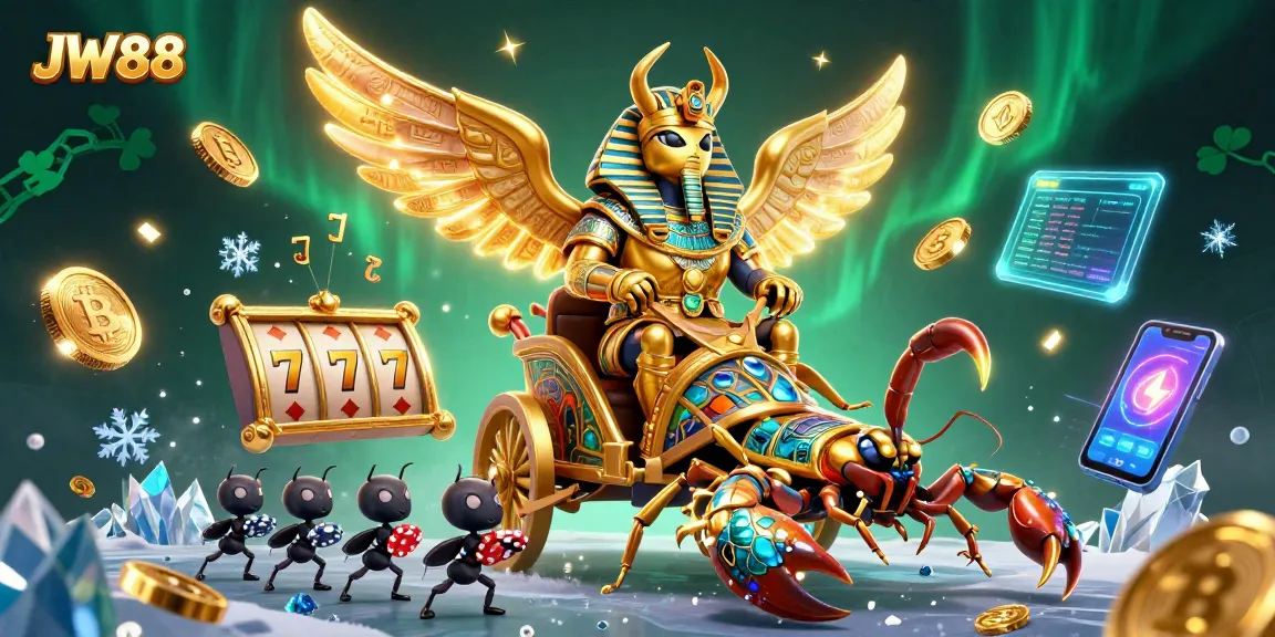 Experience exciting gameplay at JW88 with a vibrant 3D illustration of a golden beetle chariot and dynamic gaming elements.