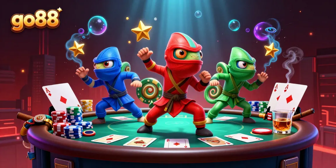 Experience the thrill of go88 with a vibrant chameleon ninja team showcasing poker legends on a rooftop.
