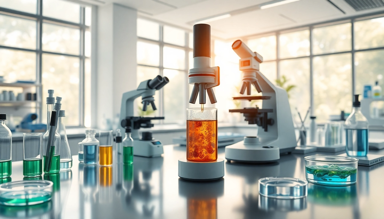 Research peptides for sale displayed in a sophisticated laboratory setup with glass vials and equipment.