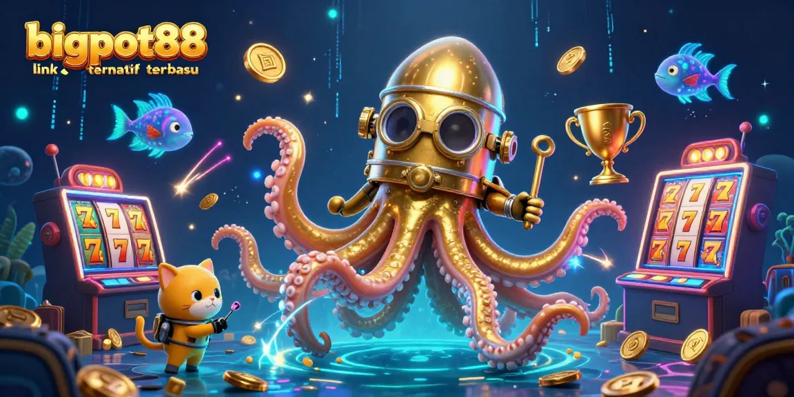 Menghadirkan bigpot88 link alternatif terbaru, ilustrasi kartun 3D kraken dan kucing penyelam dalam dunia slot yang penuh kemenangan.