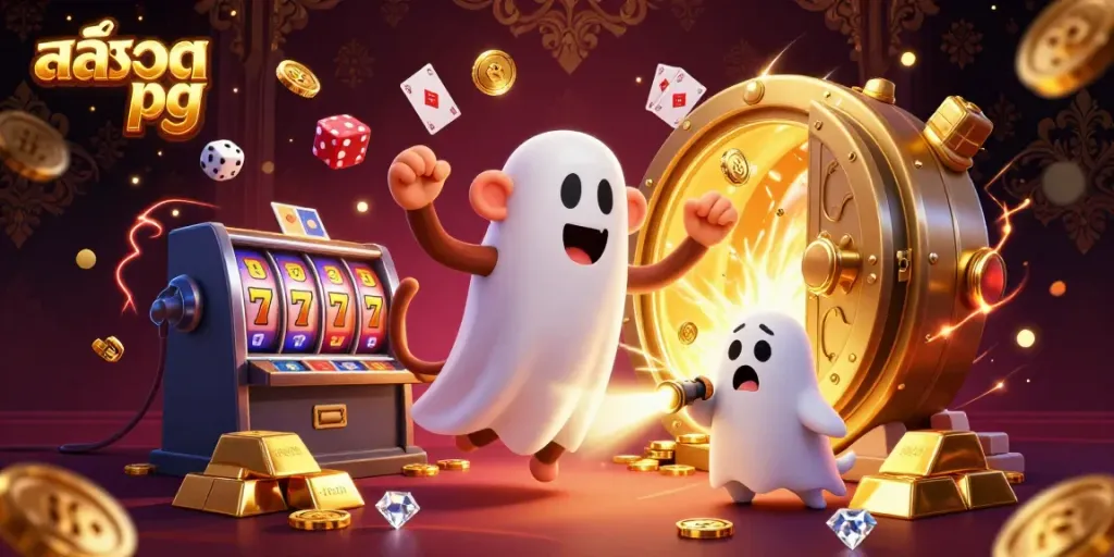 Experience thrilling สล็อต pg slots with a lively scene of a mischievous monkey and a curious puppy in a vibrant casino.